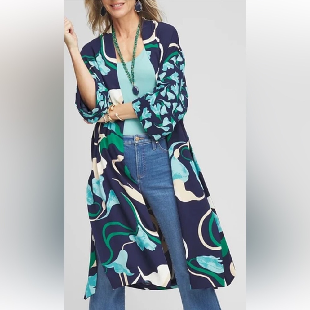 Chico's Long Wildflower Open-Front Elegant Blue and Green Kimono Size XXS P-41